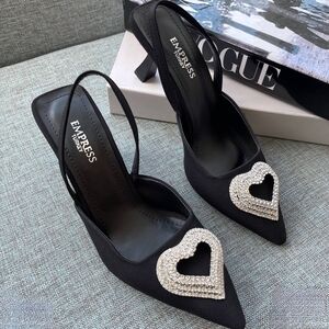 Black Slingback Heels with Heart Embellishment
